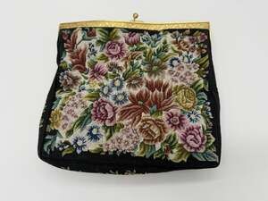Vintage Floral Needlepoint Tapestry Clutch Purse Brass Frame Kiss Lock Bag